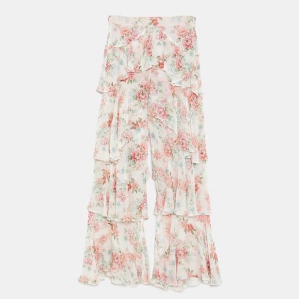 Zara peach floral tiered ruffle pants